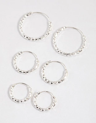 Silver Graduated Textured Hoop Earrings Pack