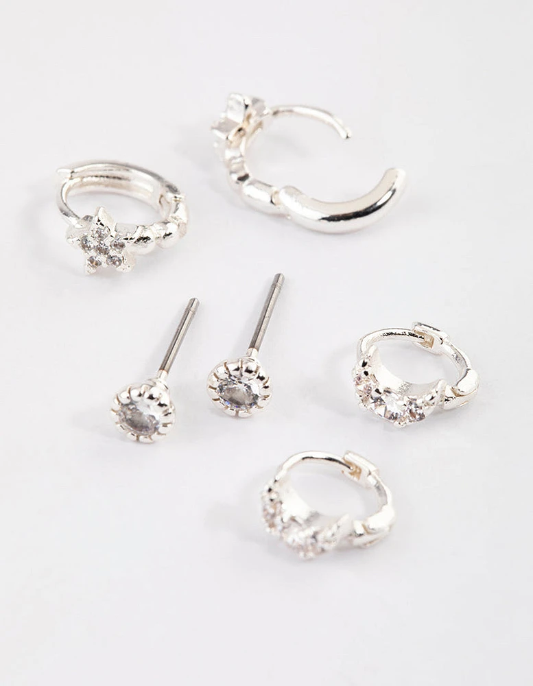 Silver Celestial Diamante Stud Earrings Pack