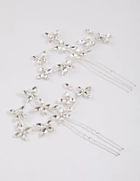 Silver Flower Leaf Diamante Hair Pin Pack