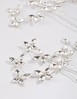 Silver Flower Leaf Diamante Hair Pin Pack
