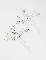 Silver Flower Leaf Diamante Hair Pin Pack