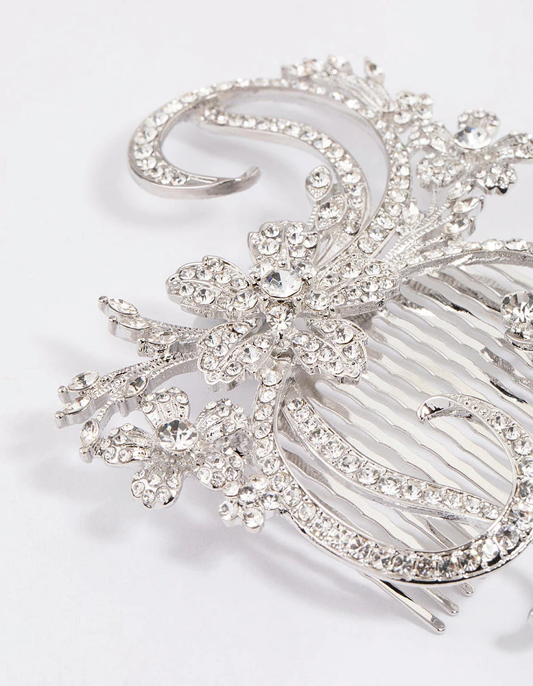 Rhodium Detailed Swirl Flower Hair Comb