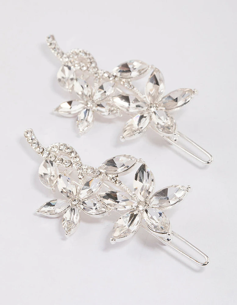 Silver Flower Leaf Diamante Hair Clips Pack