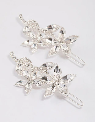 Silver Flower Leaf Diamante Hair Clips Pack