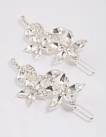 Silver Flower Leaf Diamante Hair Clips Pack