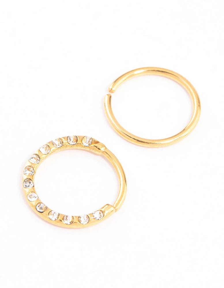 Gold Plated Titanium Cubic Zirconia Textured Nose Ring Pack