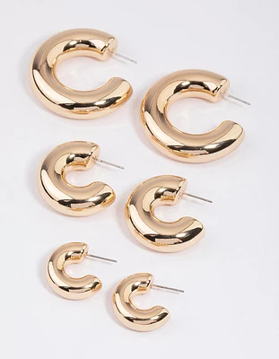 Gold Thick Smooth Hoop Earrings Pack