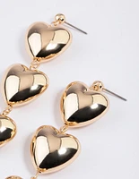 Gold Triple Puffy Heart Drop Earrings