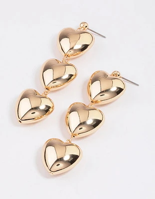 Gold Triple Puffy Heart Drop Earrings