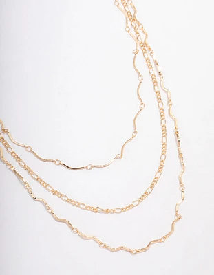 Gold Triple Layered Wave Chain Necklace