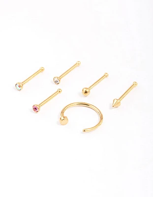 Gold Plated Surgical Steel Nail & Arrow Nose Ring 6-Pack