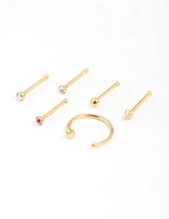 Gold Plated Surgical Steel Nail & Arrow Nose Ring 6-Pack