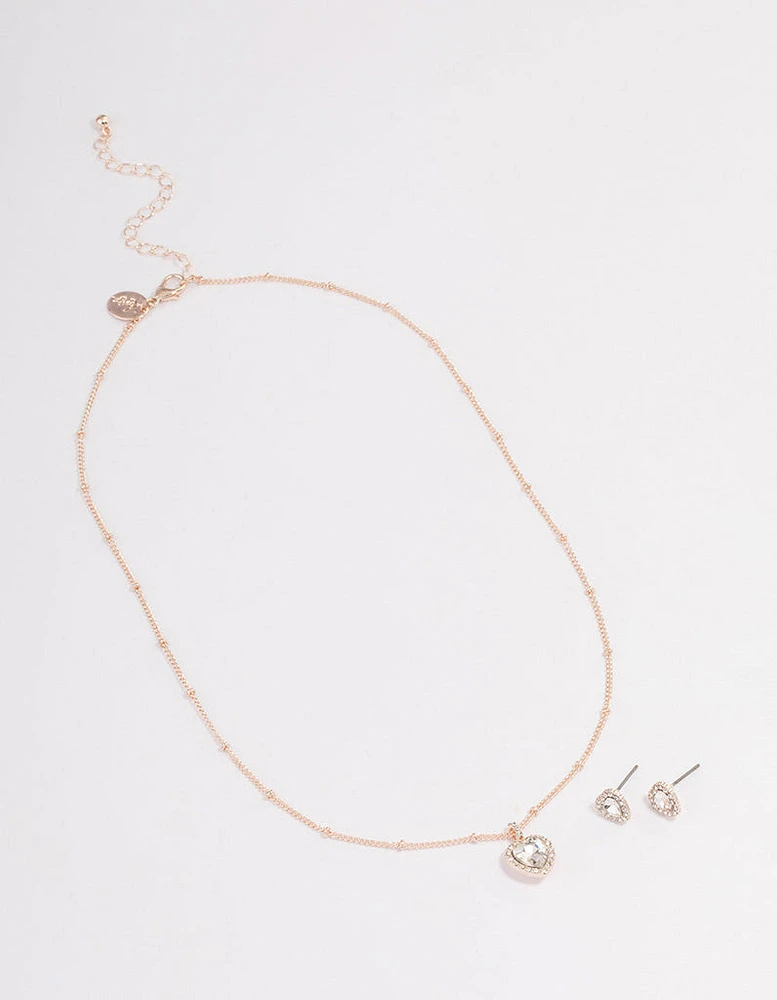 Rose Gold Heart Halo Necklace & Stud Earrings Set