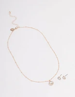 Rose Gold Heart Halo Necklace & Stud Earrings Set