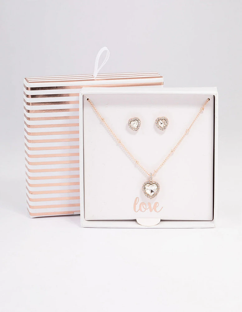 Rose Gold Heart Halo Necklace & Stud Earrings Set