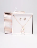 Rose Gold Heart Halo Necklace & Stud Earrings Set