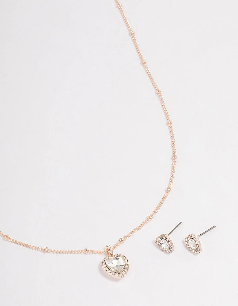 Rose Gold Heart Halo Necklace & Stud Earrings Set