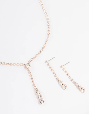 Rose Gold Cupchain Diamante Y-Shape Necklace & Drop Earrings Jewellery Set