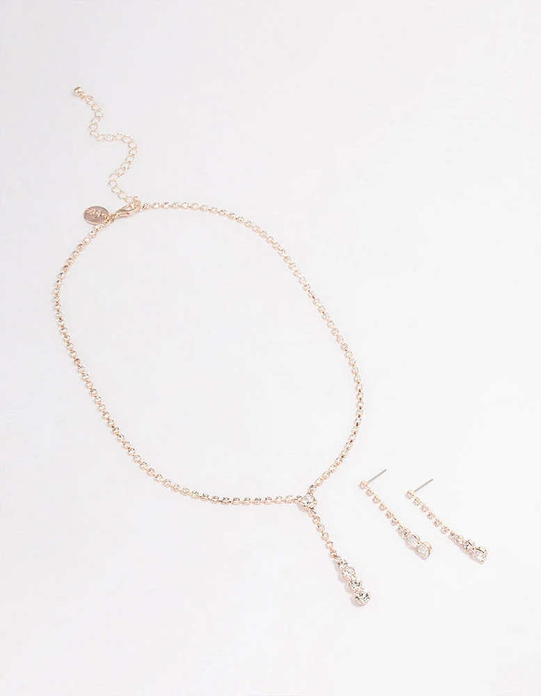 Rose Gold Cupchain Diamante Y-Shape Necklace & Drop Earrings Jewellery Set