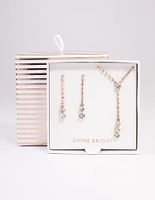 Rose Gold Cupchain Diamante Y-Shape Necklace & Drop Earrings Jewellery Set