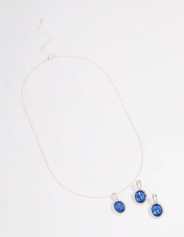 Silver Oval Blue Halo Necklace & Stud Earrings Jewellery Set