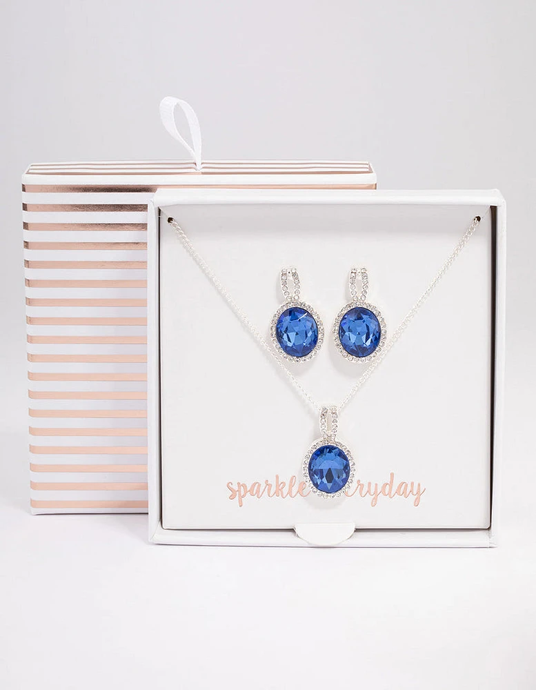 Silver Oval Blue Halo Necklace & Stud Earrings Jewellery Set