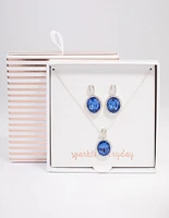 Silver Oval Blue Halo Necklace & Stud Earrings Jewellery Set