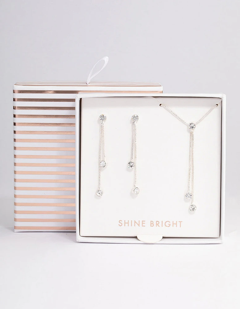 Silver Diamante Y-Shape Necklace & Drop Earrings Jewellery Set