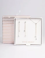 Silver Diamante Y-Shape Necklace & Drop Earrings Jewellery Set