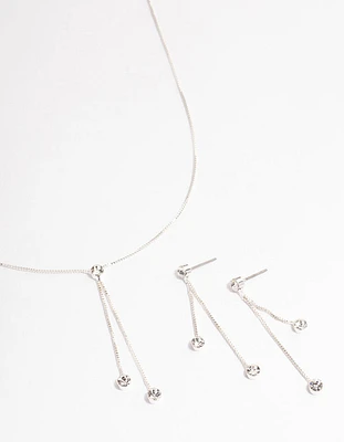 Silver Diamante Y-Shape Necklace & Drop Earrings Jewellery Set