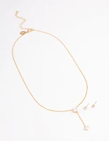 Gold Diamante Y-Shape Necklace & Stud Earrings Jewellery Set