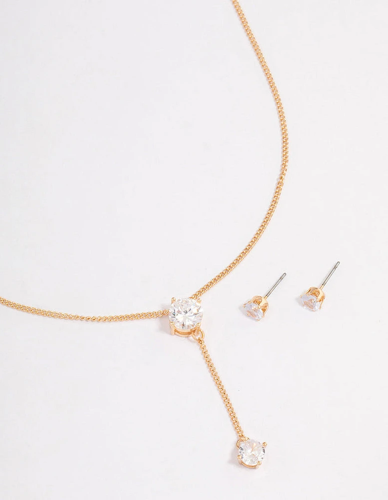 Gold Diamante Y-Shape Necklace & Stud Earrings Jewellery Set