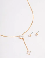 Gold Diamante Y-Shape Necklace & Stud Earrings Jewellery Set