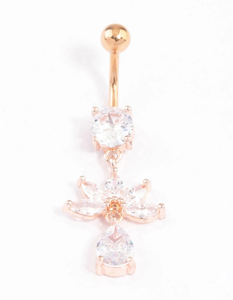 Rose Gold Plated Surgical Steel Cubic Zirconia Fan Drop Belly Ring