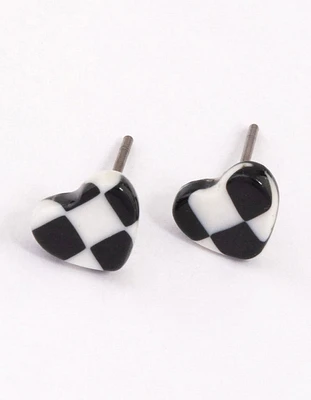 White & Black Check Heart Stud Earrings