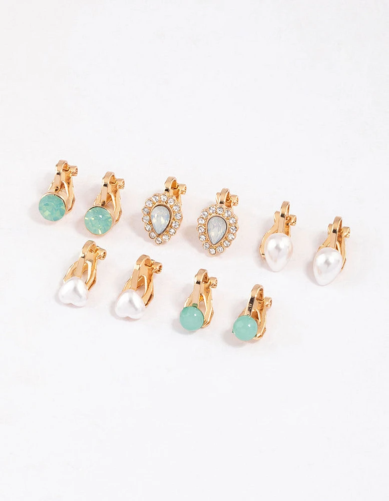 Gold Pearl & Diamante Pear Clip On Earrings 5-Pack