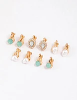 Gold Pearl & Diamante Pear Clip On Earrings 5-Pack