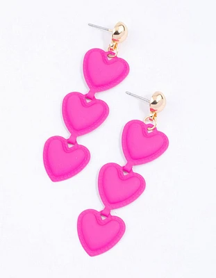 Pink Triple Puffy Heart Drop Earrings