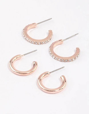 Rose Gold Plain & Diamante Huggie Earring Pack