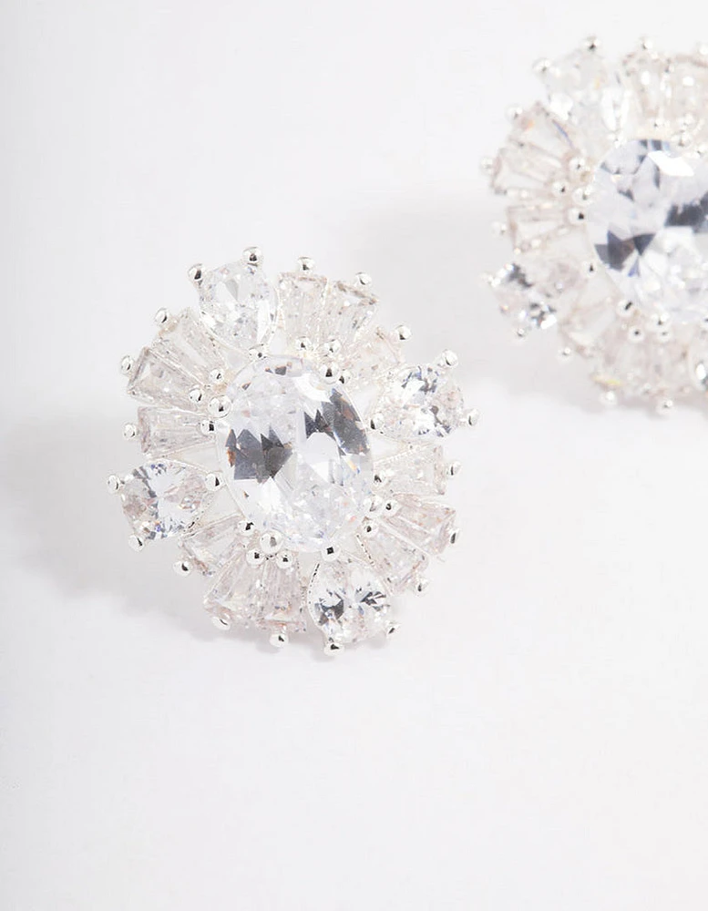 Silver Plated Cubic Zirconia Oval Halo Stud Earrings