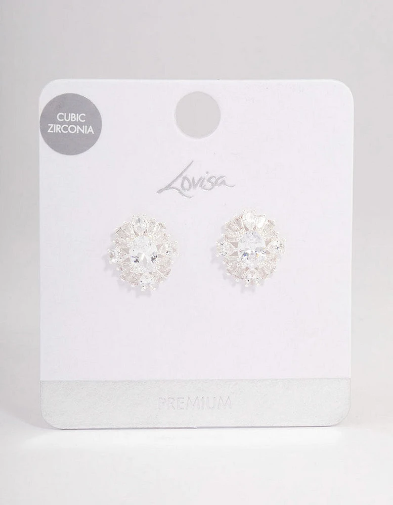 Silver Plated Cubic Zirconia Oval Halo Stud Earrings