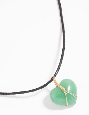 Gold Green Aventurine Wrap Heart Pendant Necklace