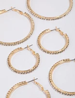 Gold Mixed Size Diamante Hoop Earrings