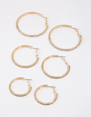 Gold Mixed Size Diamante Hoop Earrings