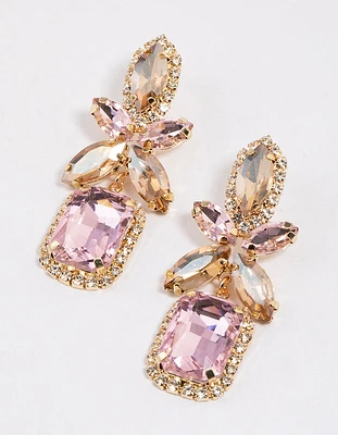 Gold Mixed Oval Stone Square Drop Earrings