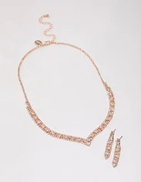 Rose Gold Rectangle Graduating Pendant Necklace & Earrings Set