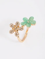 Gold Diamante & Cats Eye Flower Ring