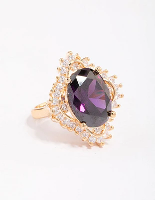 Gold Large Purple Oval Frame Ring
