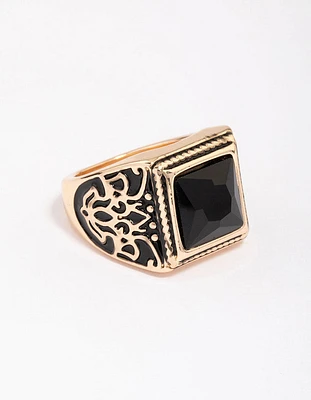 Antique Gold Square Black Ring