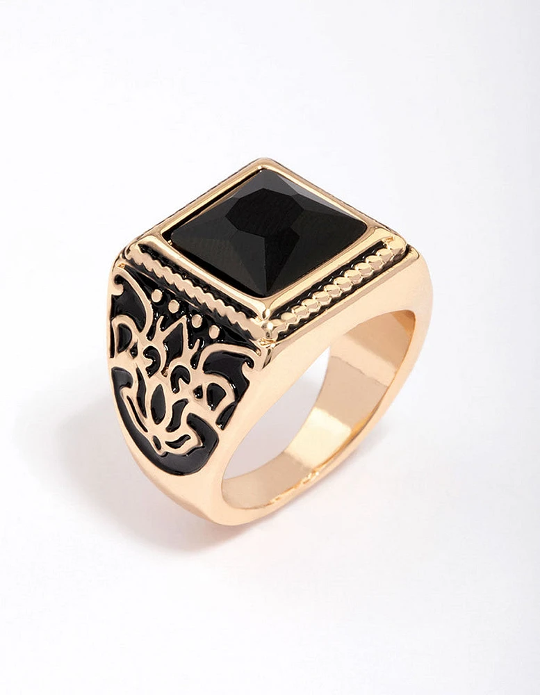 Antique Gold Square Black Ring